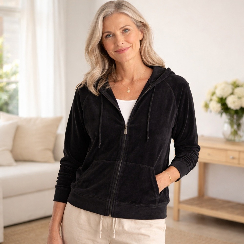 J.Jill Velour Zip Hoodie Jacket Black‎ Casual Lounge Soft Women's Medium Relaxed